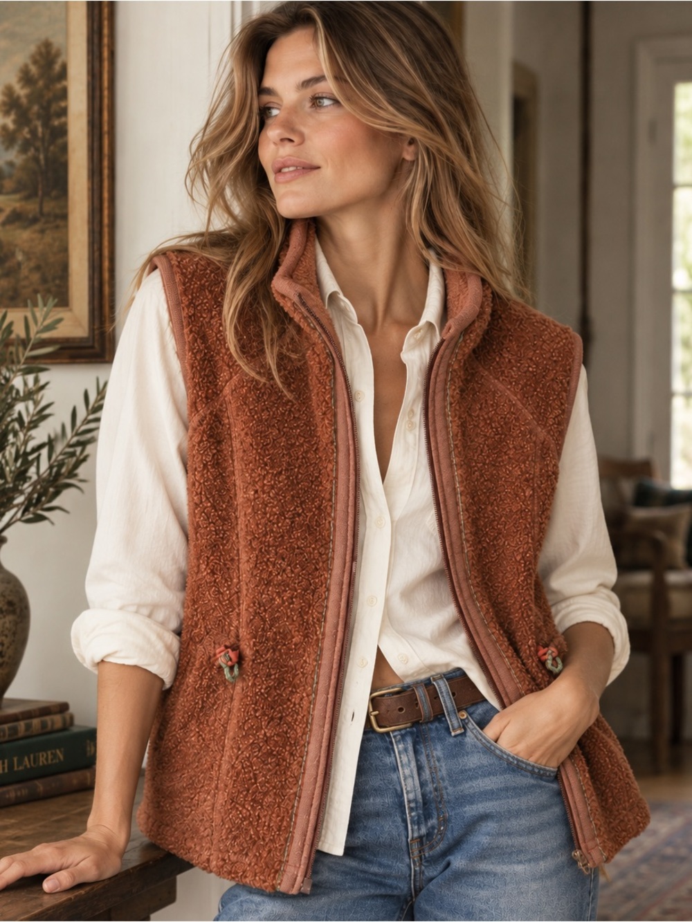 Woolrich Women’s Boucle Fleece Vest Java Heather Brown Full Zip Size S